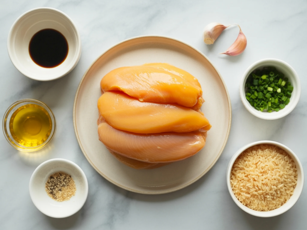 Fresh Ingredients for Teriyaki Chicken A photograph of an overhead shot displaying a meticulously arranged culinary scene on a pristine white marble surface. At the center rests a stack of three plump raw chicken breast halves, their skin glistening with a vibrant golden-orange hue, presented on a simple white ceramic plate. Surrounding the chicken are small, elegant white bowls containing dark soy sauce, finely chopped green onions, fluffy brown rice, and a scattering of black pepper and toasted sesame seeds, complemented by two whole pink garlic cloves at the top right and a small glass bowl of olive oil to the left. Soft, diffused natural light gently illuminates the scene, creating subtle shadows and highlighting the textures of the ingredients while emphasizing the clean and balanced composition.